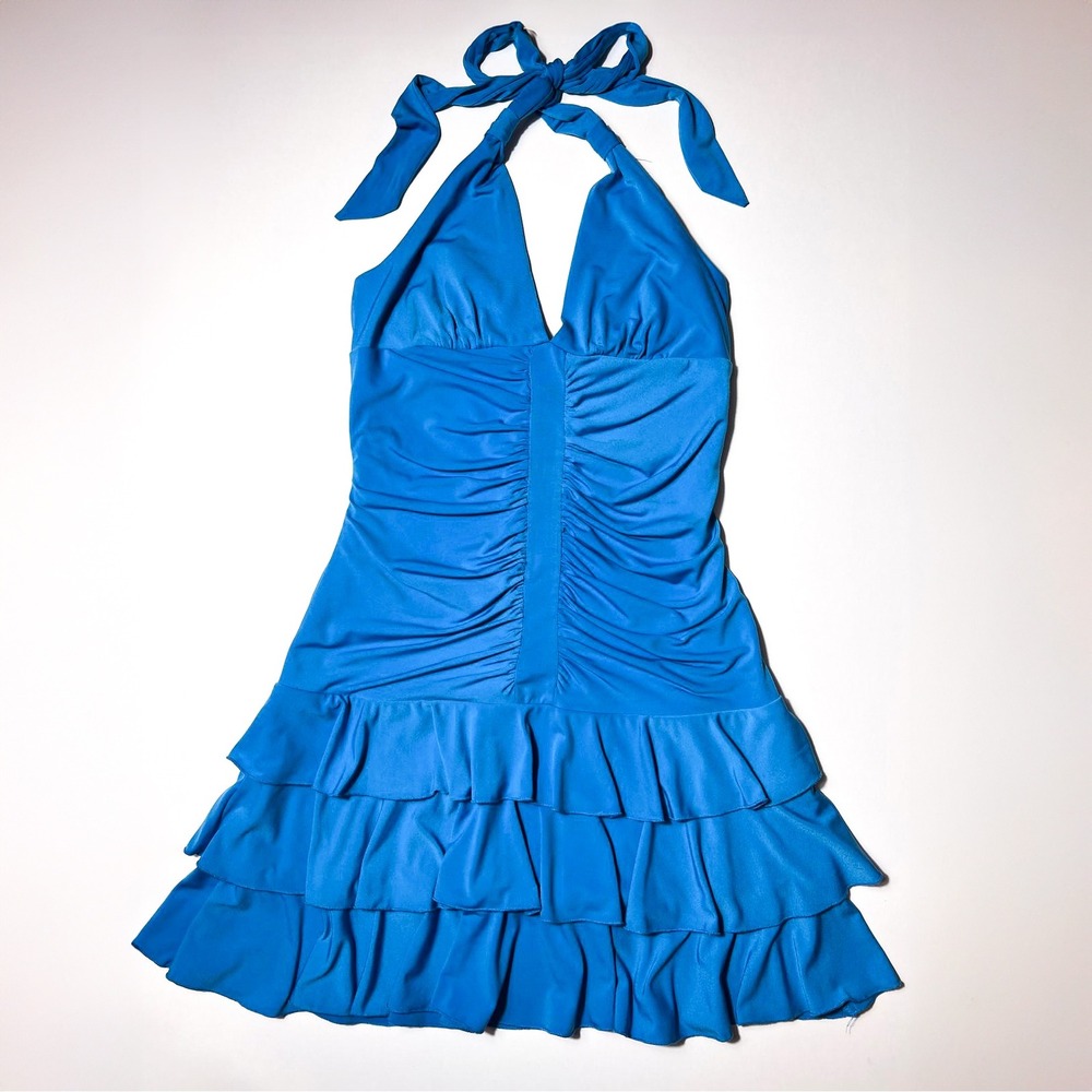 XOXO Y2K Blue Halter Mini Dress Ruffle Tiered Hem